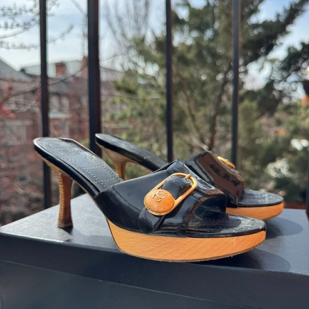 CHANEL Sandals Mules Heeled Shoes Platform Black Buckle CC Logo Box EUR 36.5